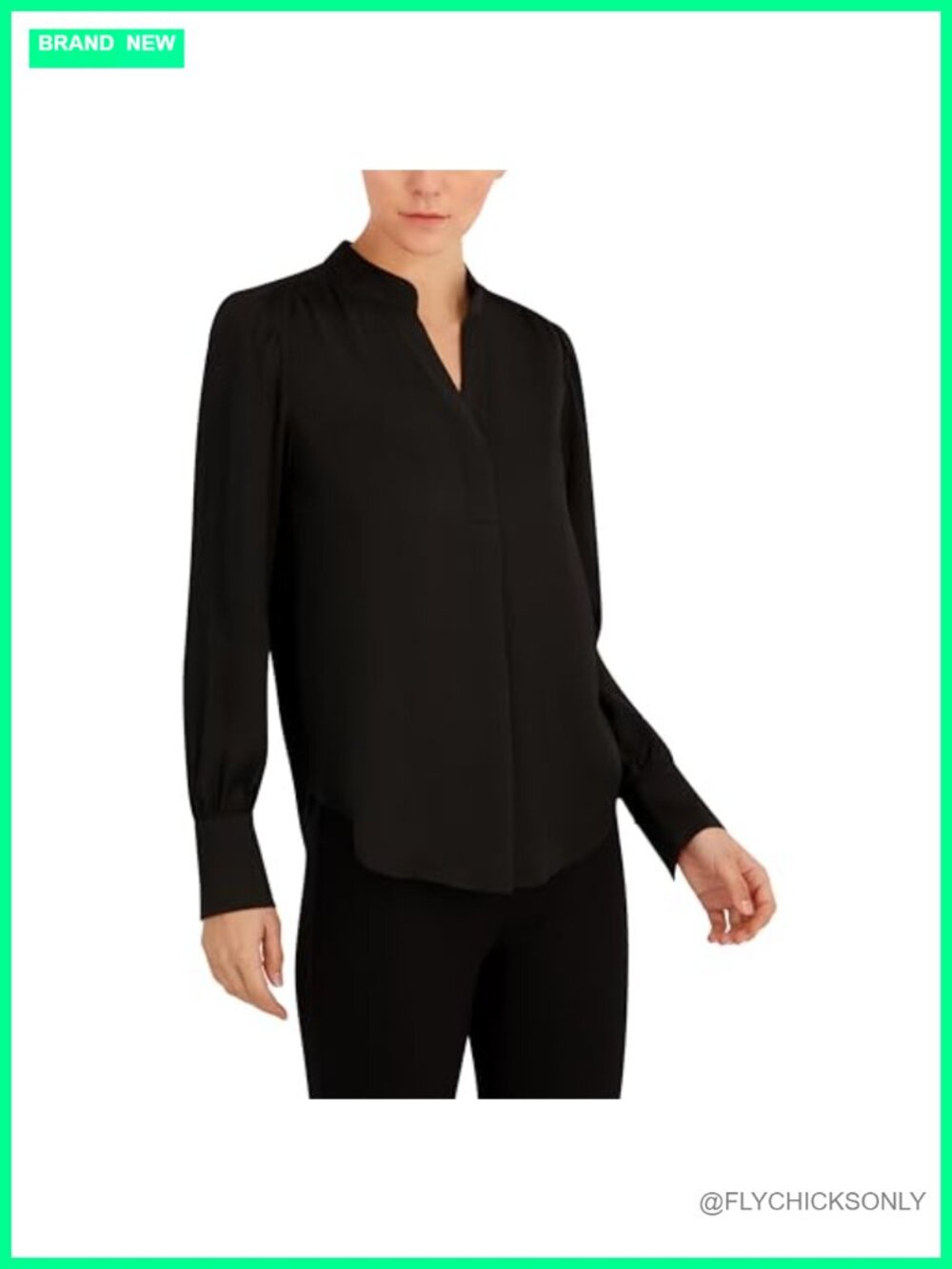 Long Sleeve V-Neck Satin Band Collar Blouse Classic Fit Pull On - Picture 2 of 2